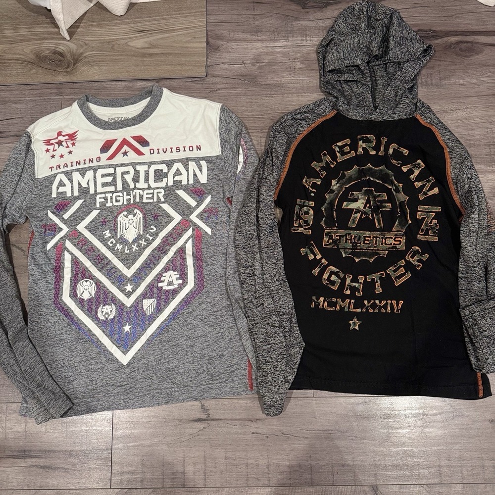 Boys American Fighter Hooded Long Sleeve Shirt Small Black Grey MMA Lot Of 2